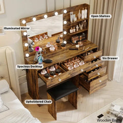 Reyhana 6 Drawers Vanity Dressing Table With Lighted Mirror And Stool Outlets