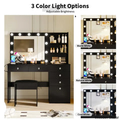 Reyhana 6 Drawers Vanity Dressing Table With Lighted Mirror And Stool Outlets