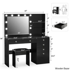 Reyhana 6 Drawers Vanity Dressing Table With Lighted Mirror And Stool Outlets