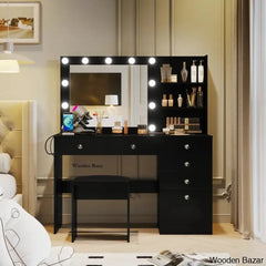 Reyhana 6 Drawers Vanity Dressing Table With Lighted Mirror And Stool Outlets Black