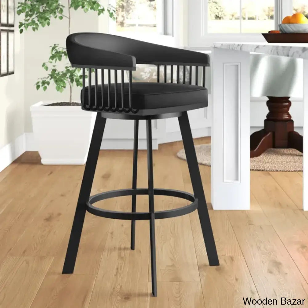 Robinetto Swivel Counter And Bar Height Stool With Arms Footrest In Faux Leather Metal Black /