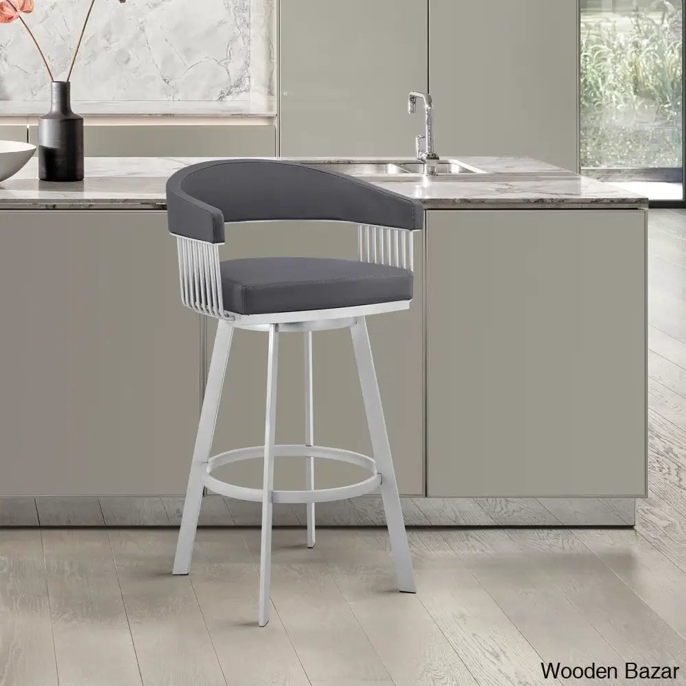 Robinetto Swivel Counter And Bar Height Stool With Arms Footrest In Faux Leather Metal Silver /