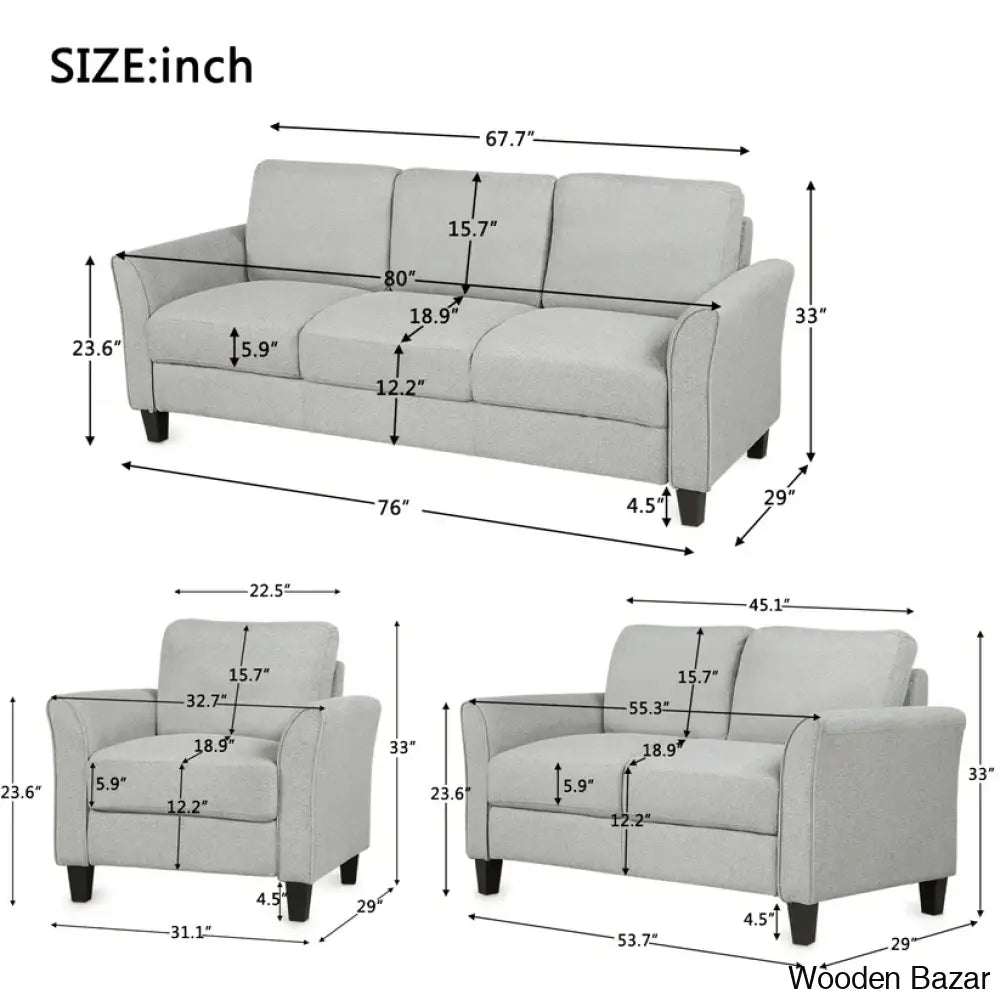 Rodriguez Light Gray 3-Seat Sofa & Loveseat Chair Set - Wooden Bazar