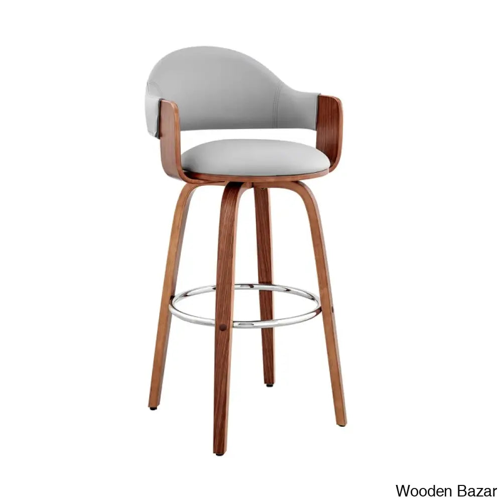 Romarino Swivel Counter Or Bar Height Stool With Arms And Footrest In Faux Leather Wood