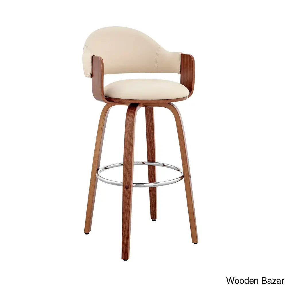 Romarino Swivel Counter Or Bar Height Stool With Arms And Footrest In Faux Leather Wood