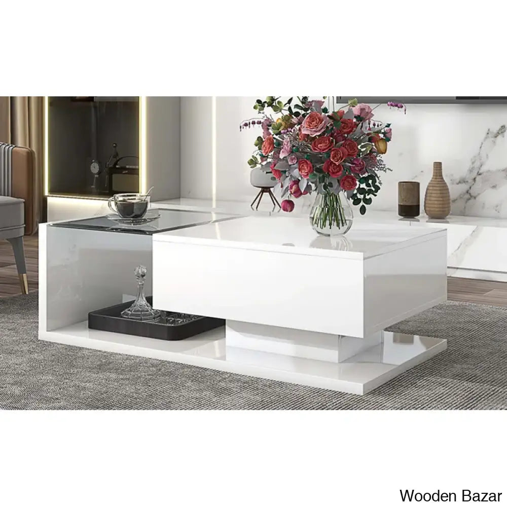 Rondellea Coffee And Center Table With Storage Modern Tempered Glass