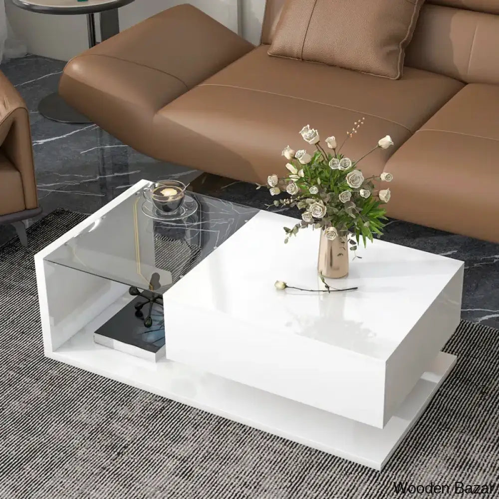 Rondellea Coffee And Center Table With Storage Modern Tempered Glass