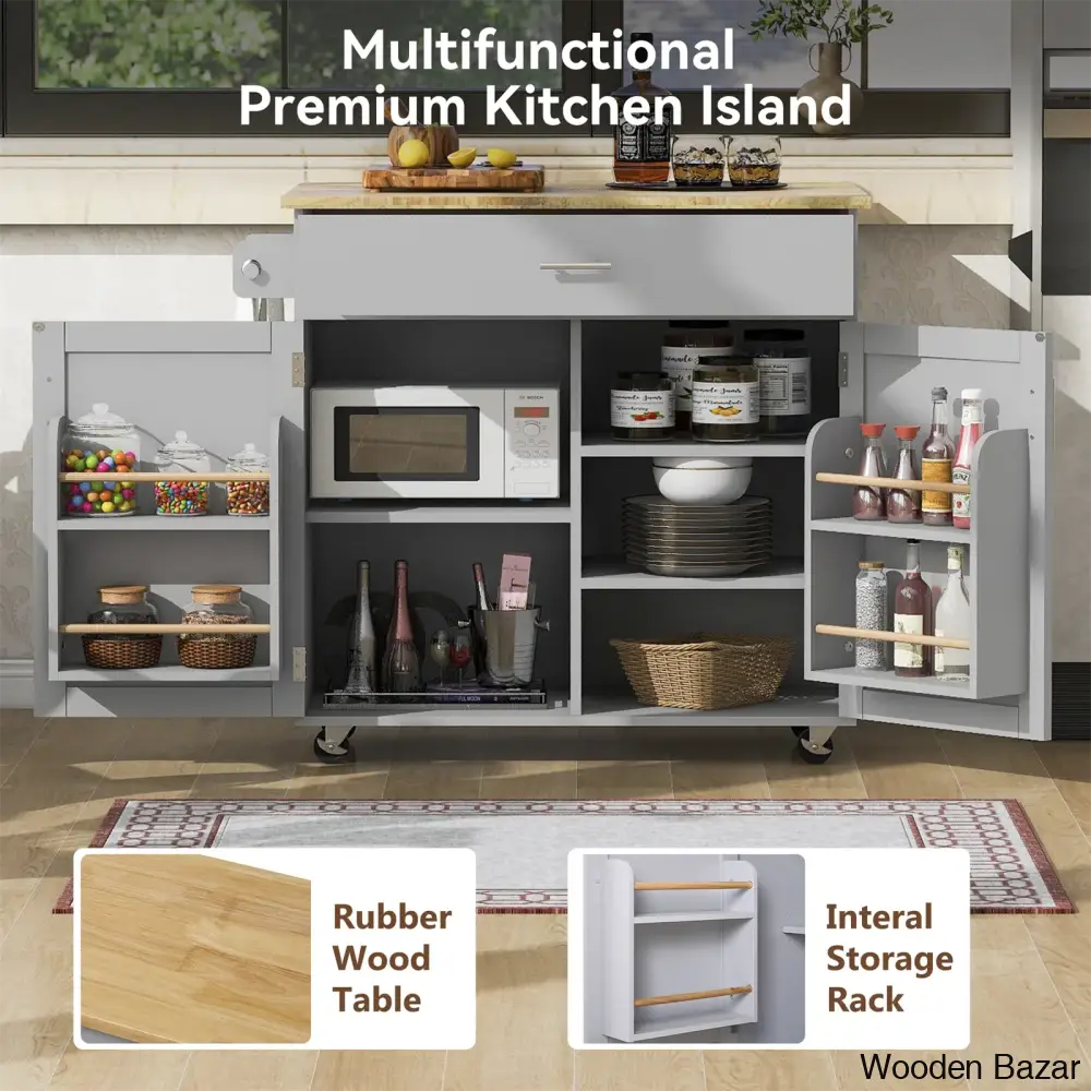 Ronzel 35’’W Rolling Kitchen Trolley Cart Cabinet Kitchen Island With Storage Solid Wood Drop