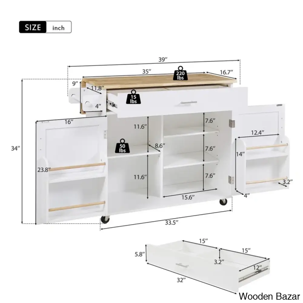 Ronzel 35’’W Rolling Kitchen Trolley Cart Cabinet Kitchen Island With Storage Solid Wood Drop