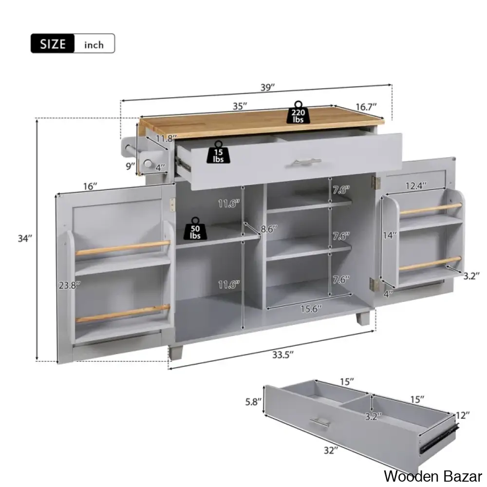 Ronzel 35’’W Rolling Kitchen Trolley Cart Cabinet Kitchen Island With Storage Solid Wood Drop