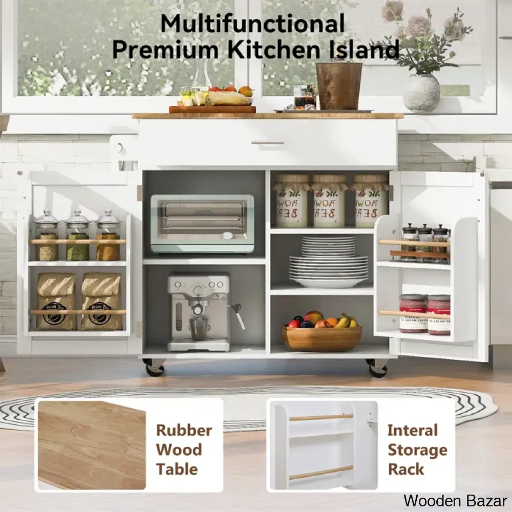 Ronzel 35’’W Rolling Kitchen Trolley Cart Cabinet Kitchen Island With Storage Solid Wood Drop