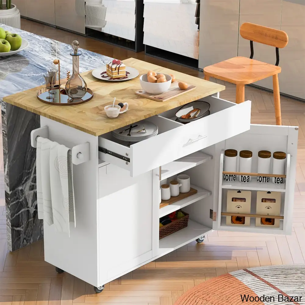 Ronzel 35’’W Rolling Kitchen Trolley Cart Cabinet Kitchen Island With Storage Solid Wood Drop