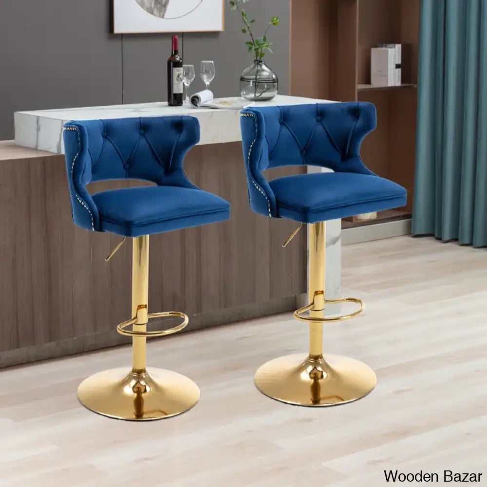 Rosdorf Swivel Adjustable Height Counter And Bar Stool (Set Of 2) Blue Velvet