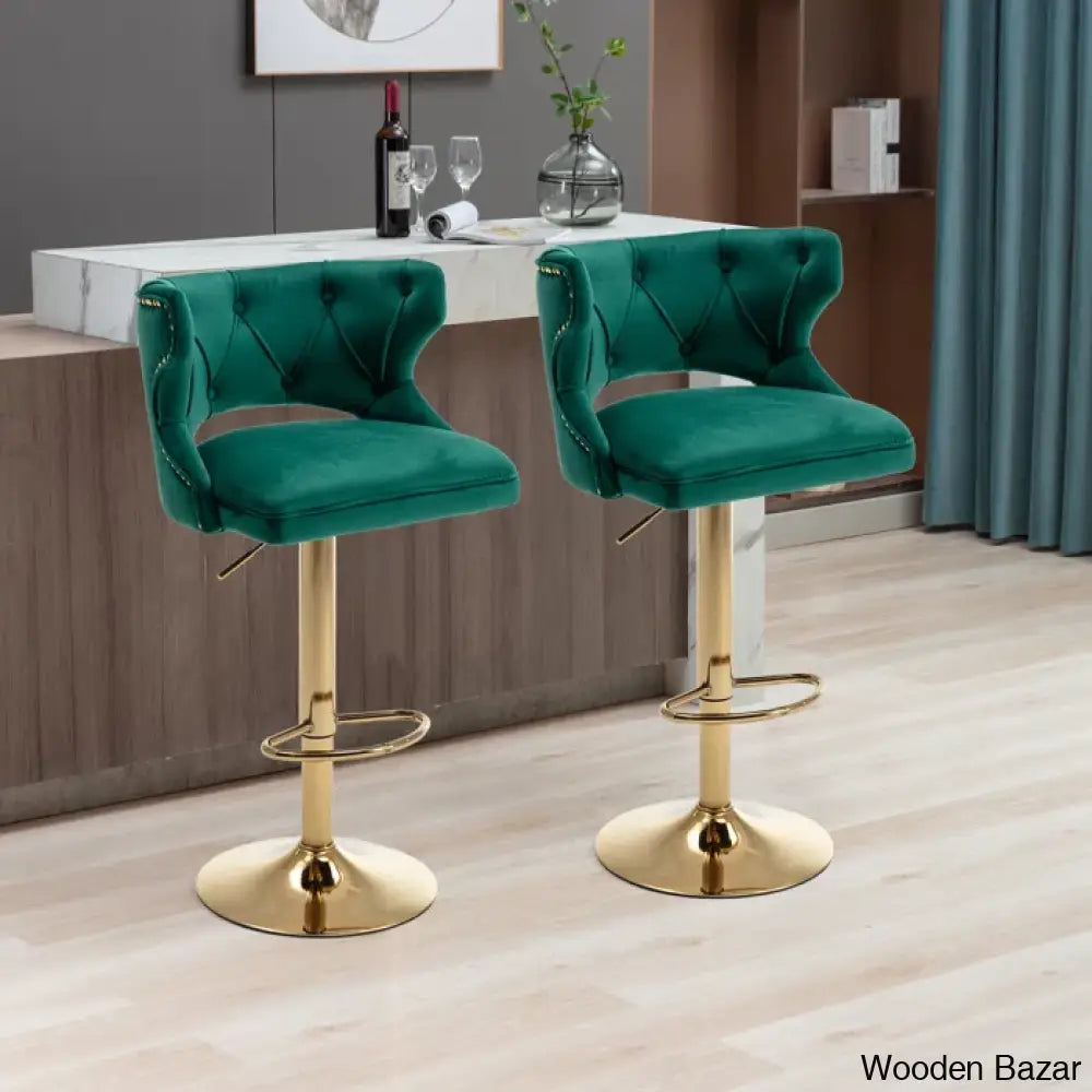 Rosdorf Swivel Adjustable Height Counter And Bar Stool (Set Of 2) Green Velvet