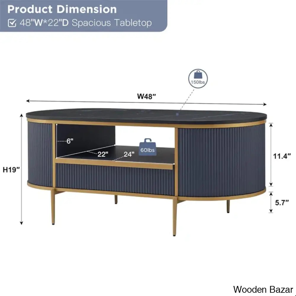 Roseelleny 48’’L Oval Coffee And Center Table With Storage Sliding Drawer Open Shelf