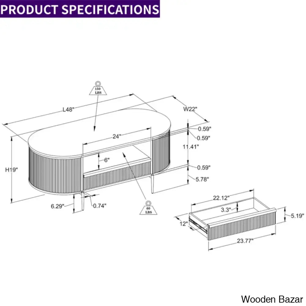Roseelleny 48’’L Oval Coffee And Center Table With Storage Sliding Drawer Open Shelf