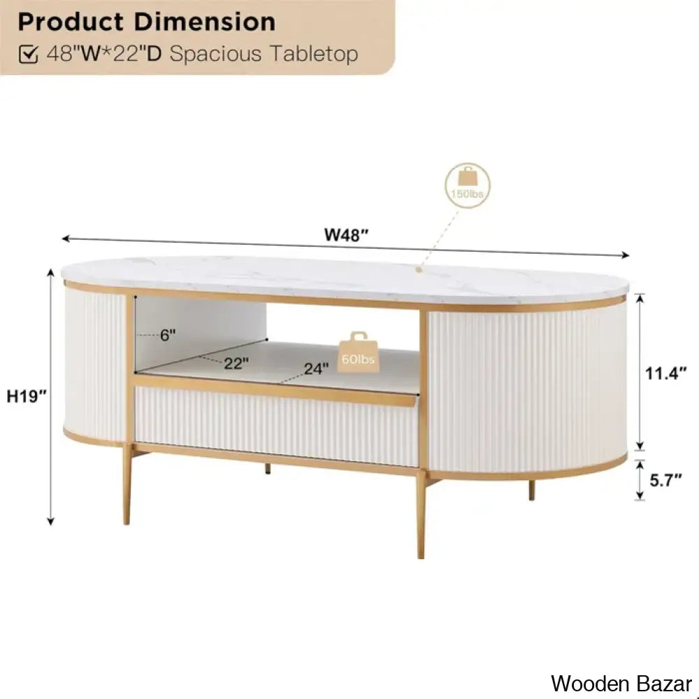 Roseelleny 48’’L Oval Coffee And Center Table With Storage Sliding Drawer Open Shelf