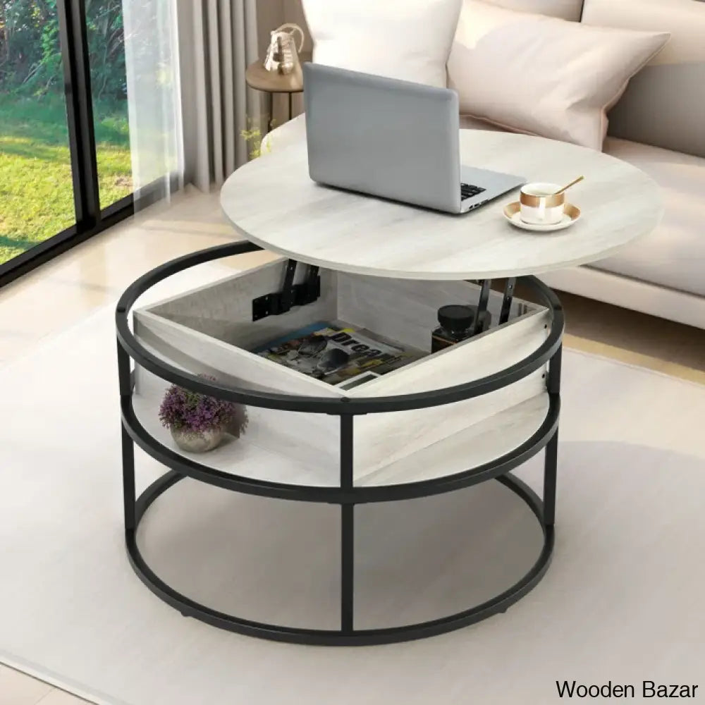 Rothwell Lift Top Extendable Round Frame Coffee Table With Storage And Center