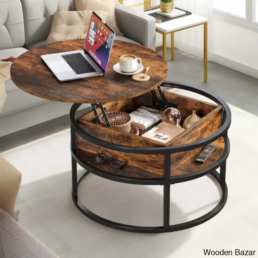 Rothwell Lift Top Extendable Round Frame Coffee Table With Storage And Center