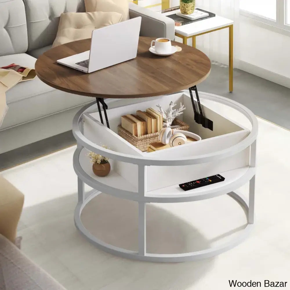 Rothwell Lift Top Extendable Round Frame Coffee Table With Storage And Center