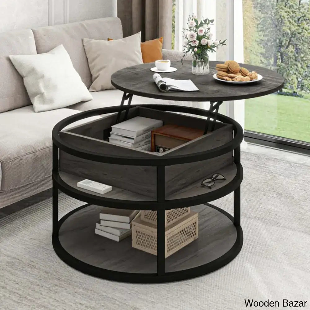 Rothwell Lift Top Extendable Round Frame Coffee Table With Storage And Center