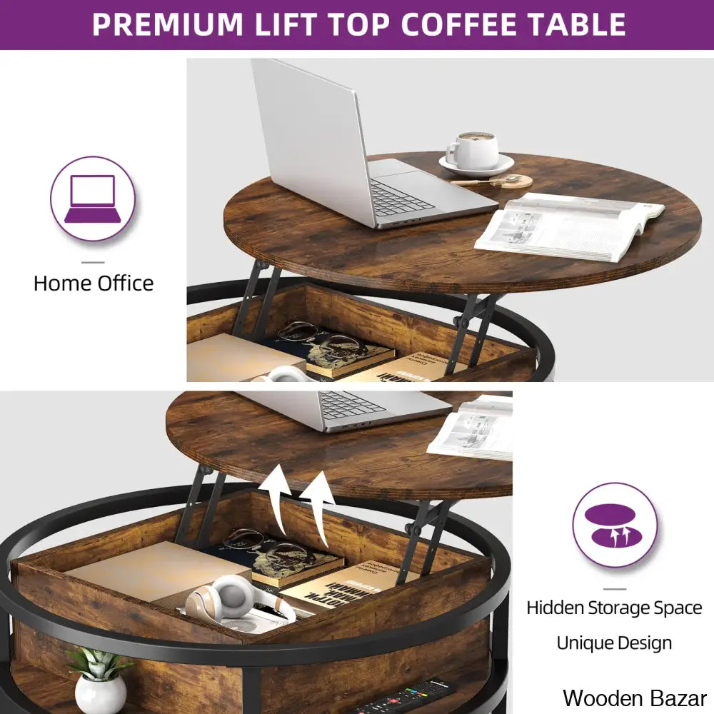 Rothwell Lift Top Extendable Round Frame Coffee Table With Storage And Center