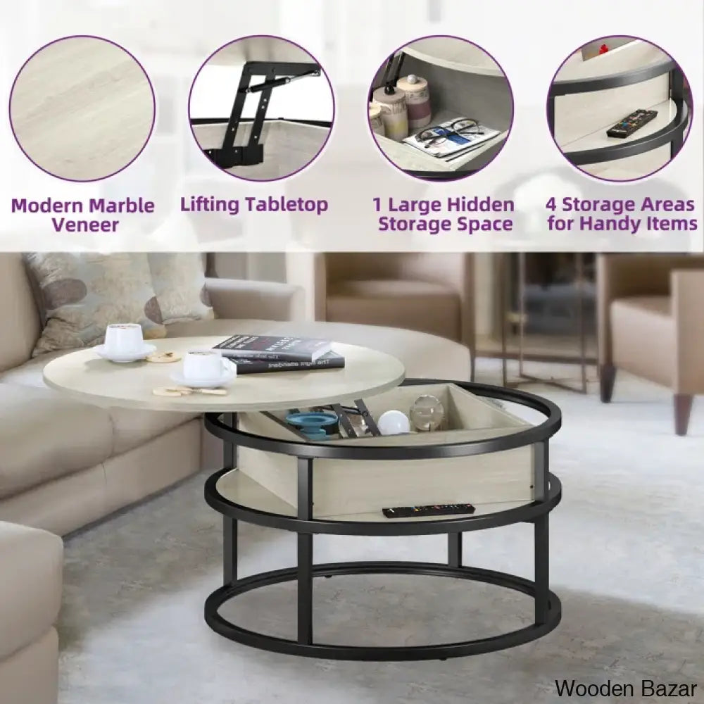 Rothwell Lift Top Extendable Round Frame Coffee Table With Storage And Center