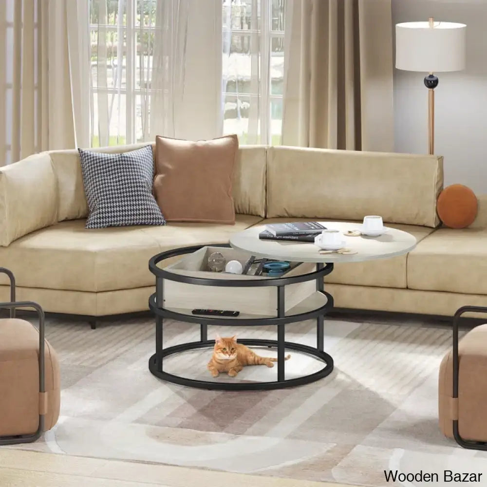 Rothwell Lift Top Extendable Round Frame Coffee Table With Storage And Center