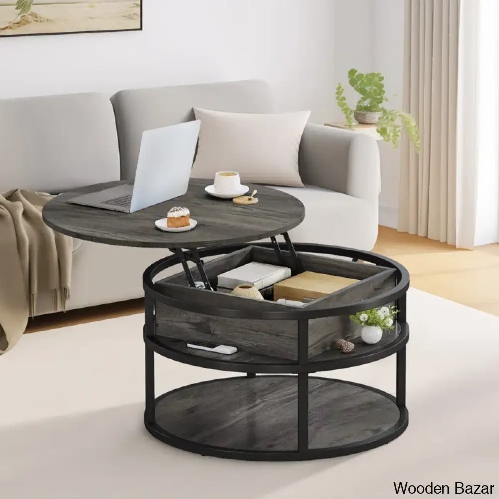 Rothwell Lift Top Extendable Round Frame Coffee Table With Storage And Center