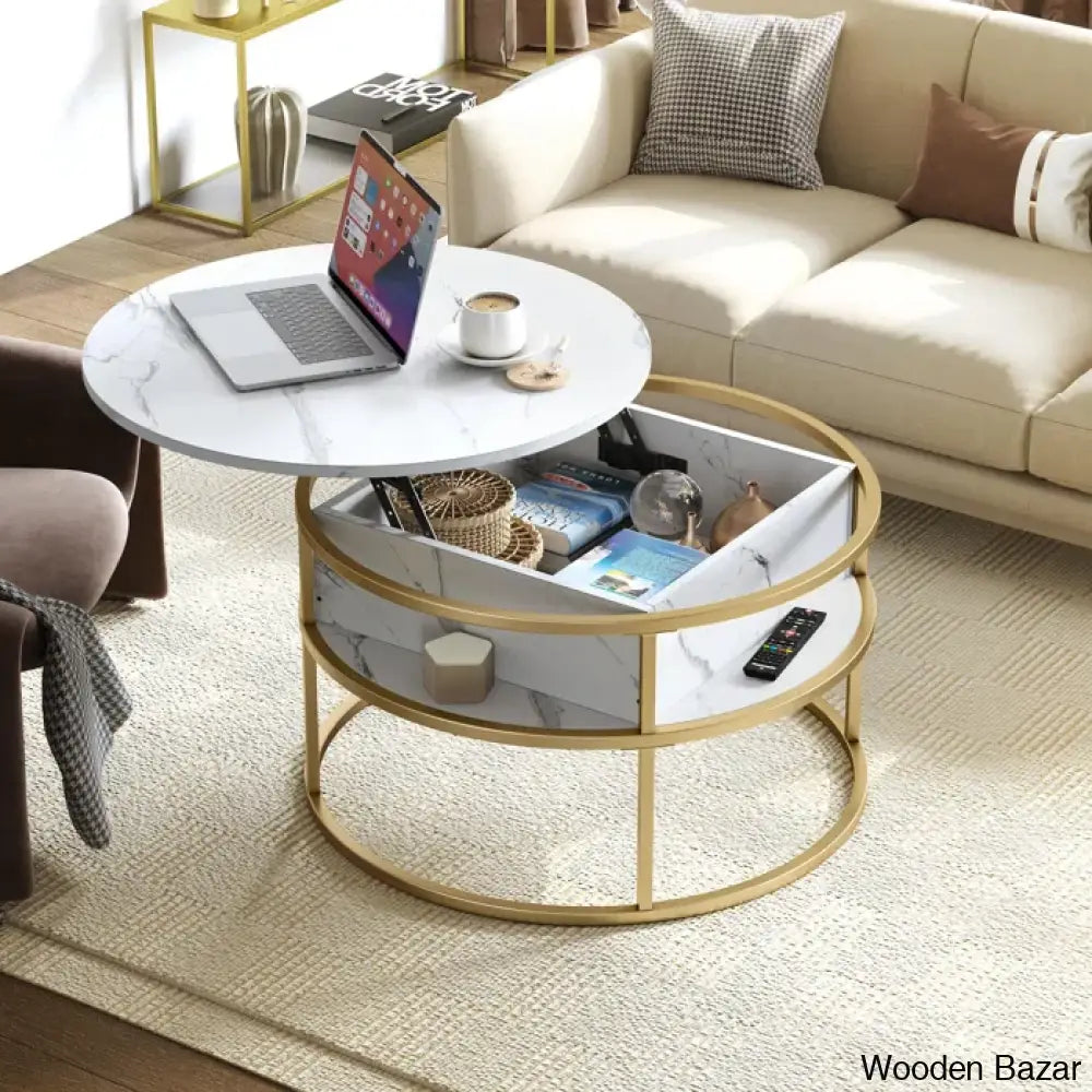 Rothwell Lift Top Extendable Round Frame Coffee Table With Storage And Center