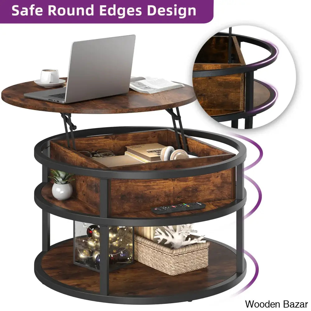 Rothwell Lift Top Extendable Round Frame Coffee Table With Storage And Center