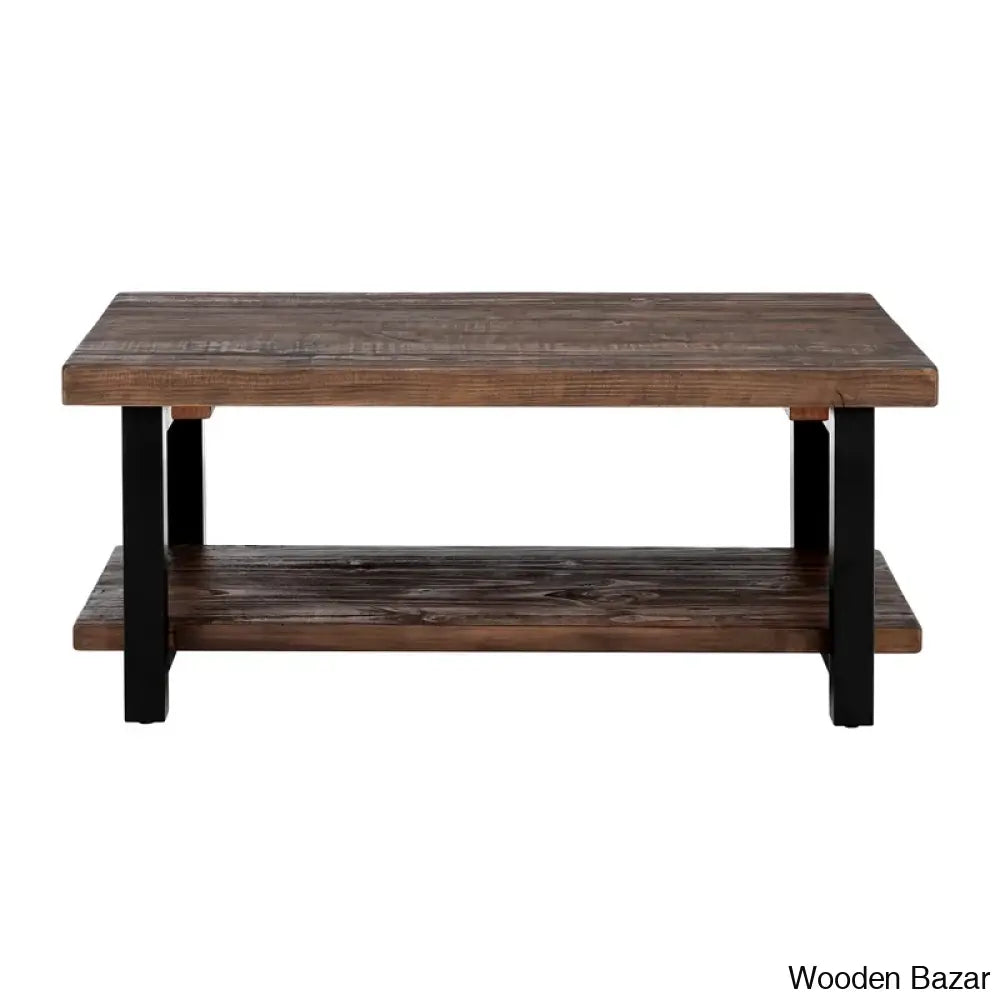 Rundell 42’’ Rustic Industrial Solid Wood And Metal Rectangular Coffee Table With Storage Shelf