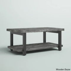 Rundell 42’’ Rustic Industrial Solid Wood And Metal Rectangular Coffee Table With Storage Shelf