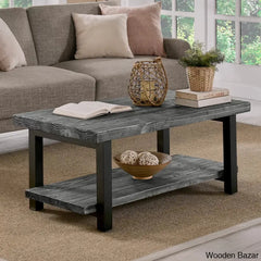 Rundell 42’’ Rustic Industrial Solid Wood And Metal Rectangular Coffee Table With Storage Shelf