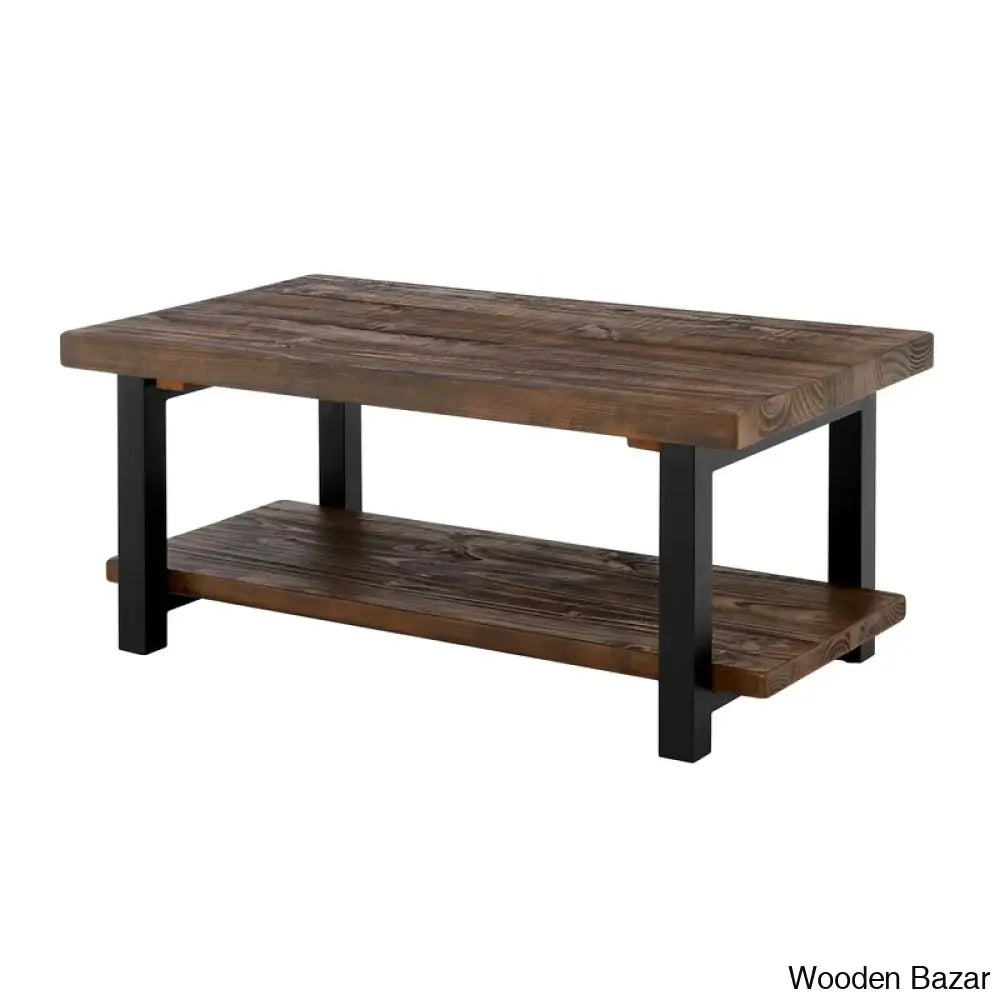 Rundell 42’’ Rustic Industrial Solid Wood And Metal Rectangular Coffee Table With Storage Shelf