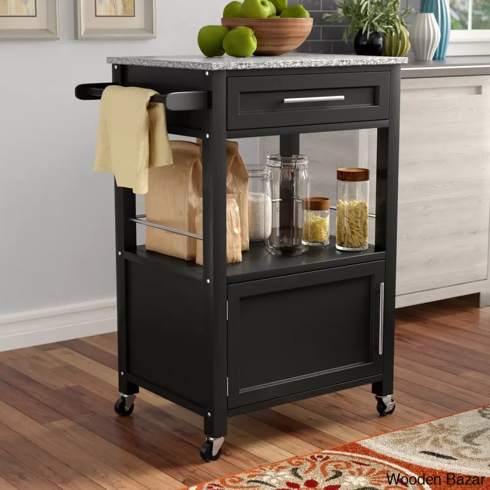 Sariol Granite Top Wood Kitchen Cart With Storage Trolley Cart Cabinet Kitchen Island Storage Black