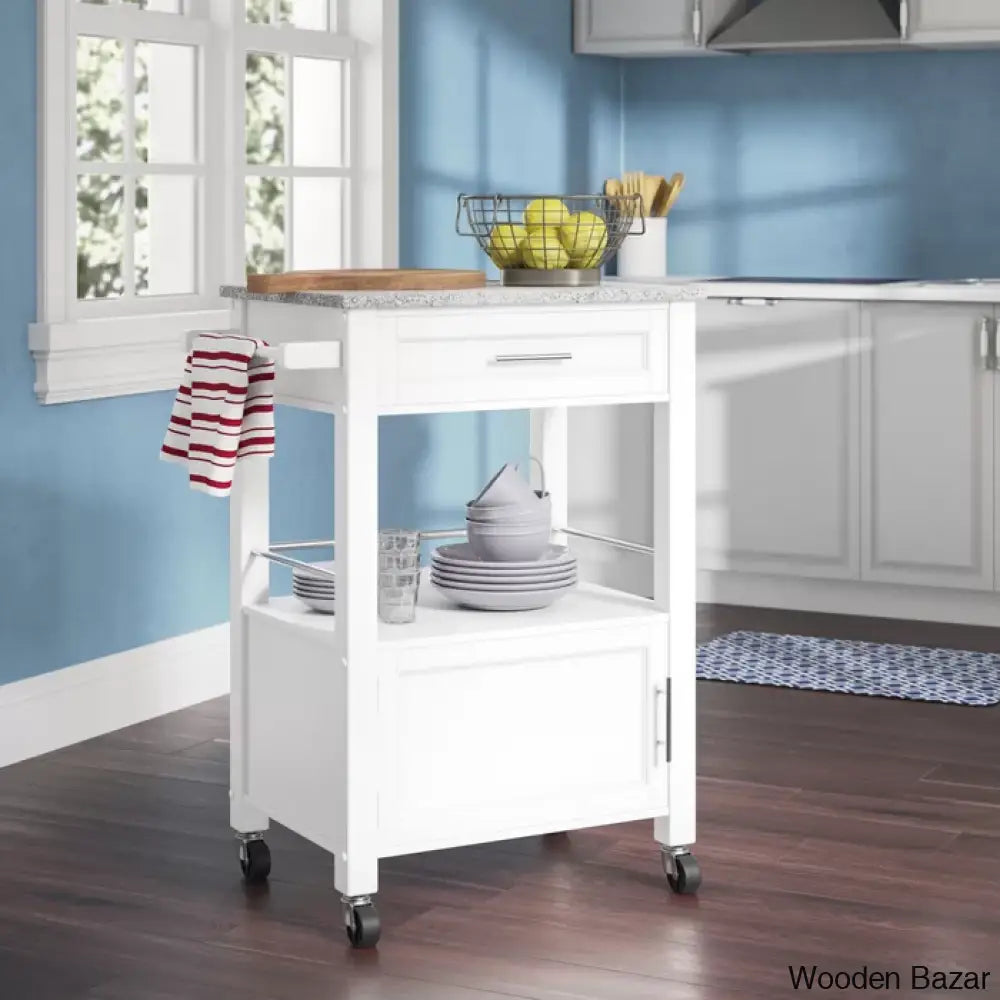 Sariol Granite Top Wood Kitchen Cart With Storage Trolley Cart Cabinet Kitchen Island Storage White