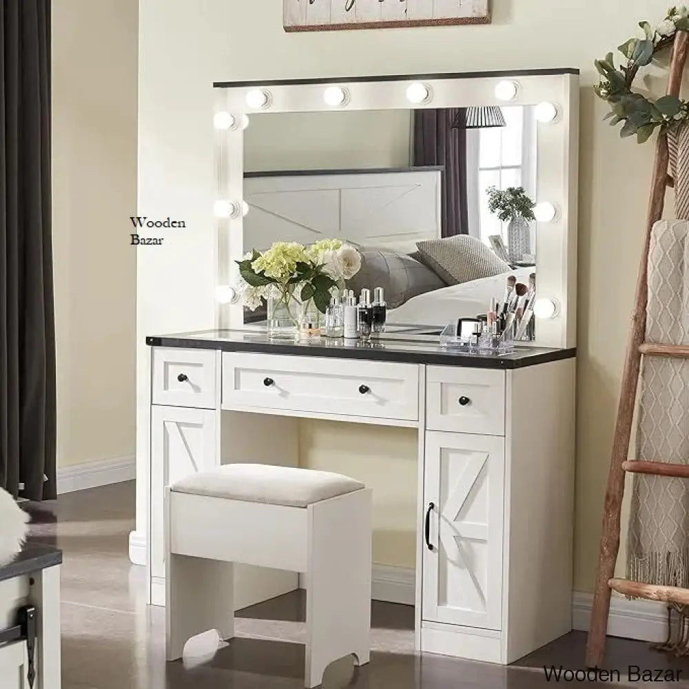 Scott Vanity Dressing Table With Mirror And Stool Black/White