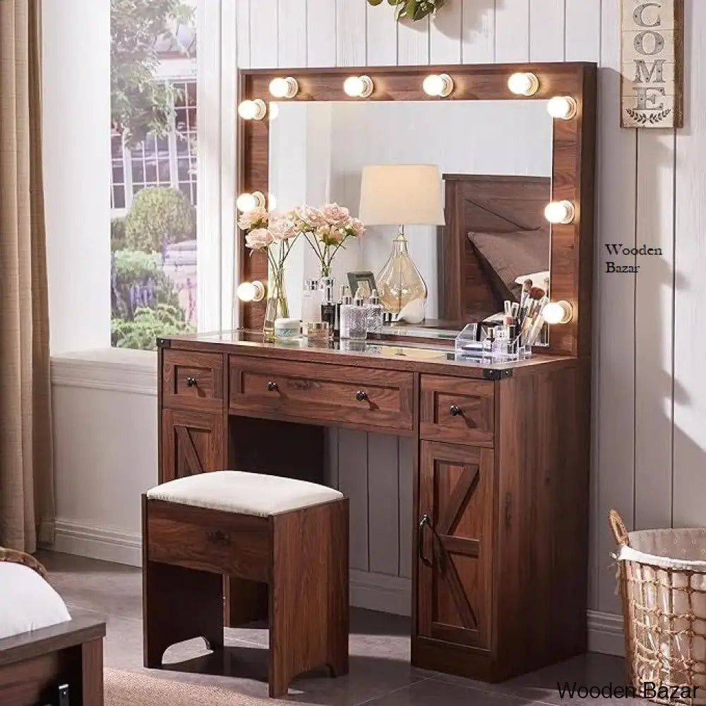 Scott Vanity Dressing Table With Mirror And Stool Brown