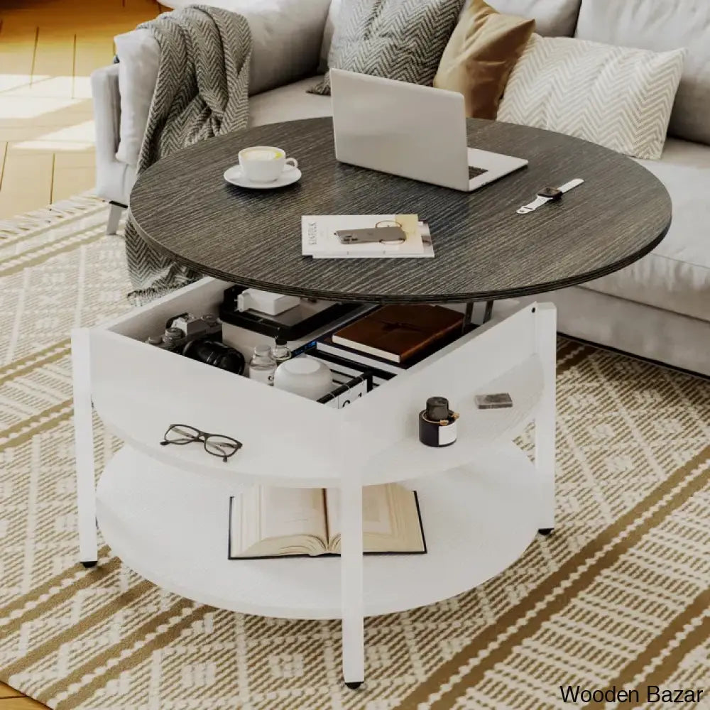 Sehjan Round Coffee Table With Storage Lift Top And Center Dark Gray/White