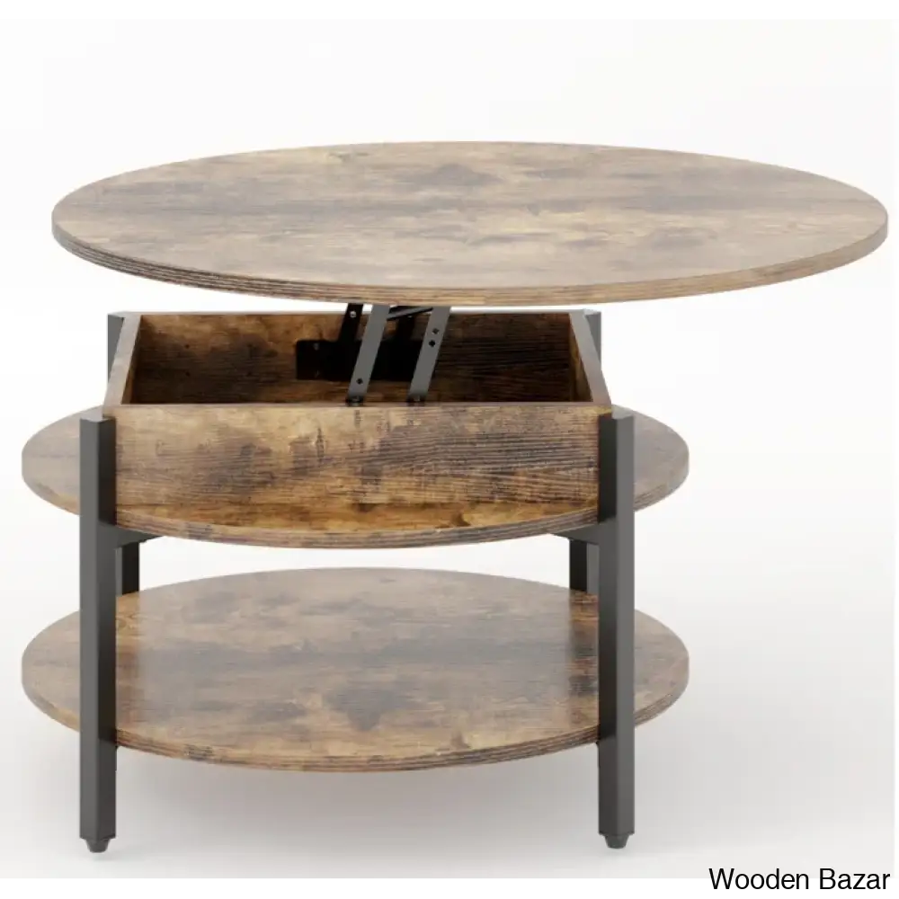 Sehjan Round Coffee Table With Storage Lift Top And Center Natural Wood