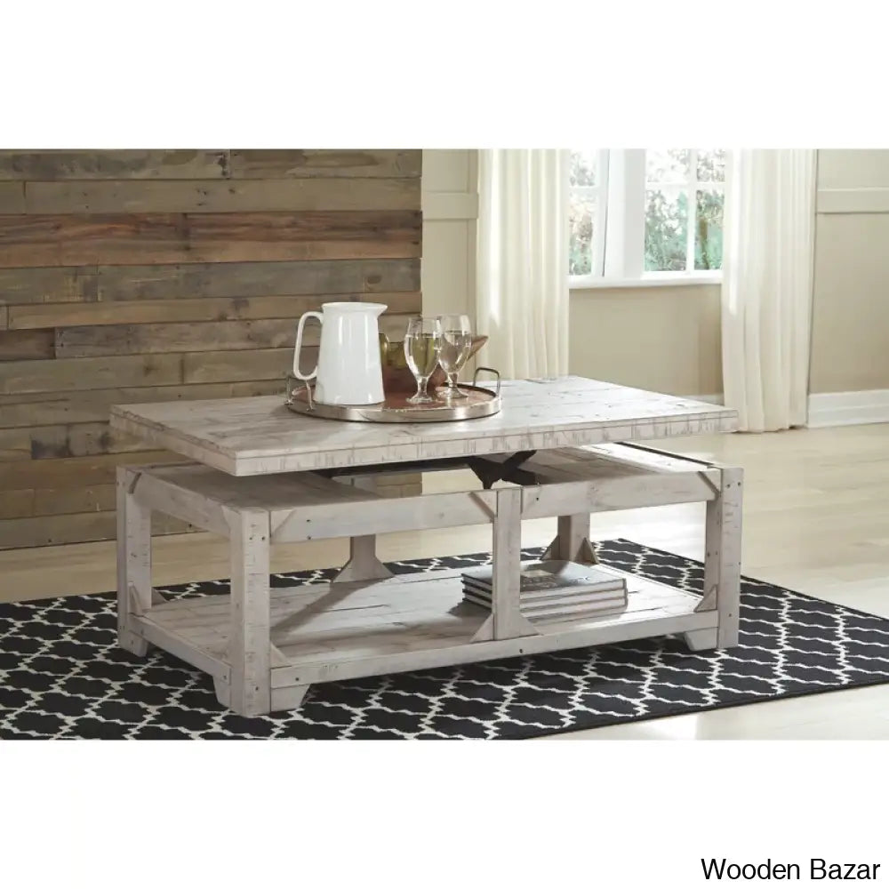 Seijav Solid Wood Coffee And Center Table White Wash