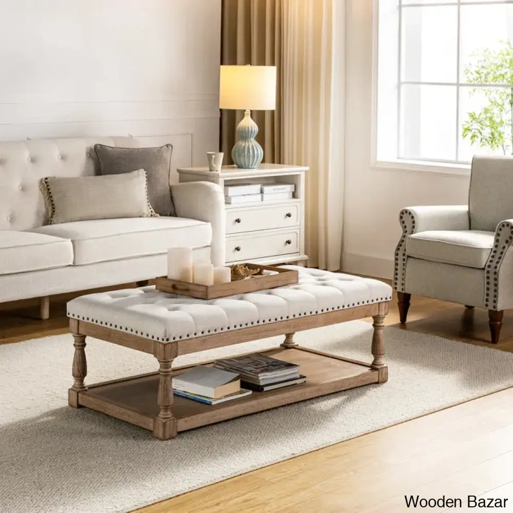 Simyy Tufted Rectangle Cocktail Ottoman With Storage Tray Coffee And Center Table Ivory