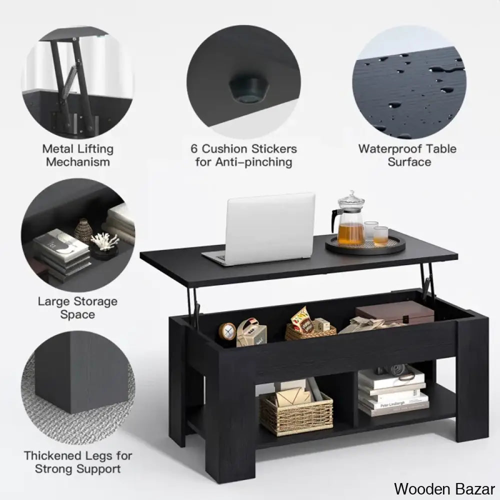 Sparta Black Lift Top Extendable Coffee And Center Table With Storage