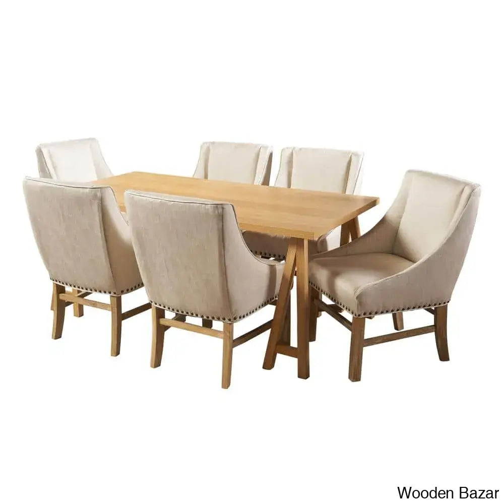 Stylish Linen Upholstered Dining Set With Natural Solid Wood