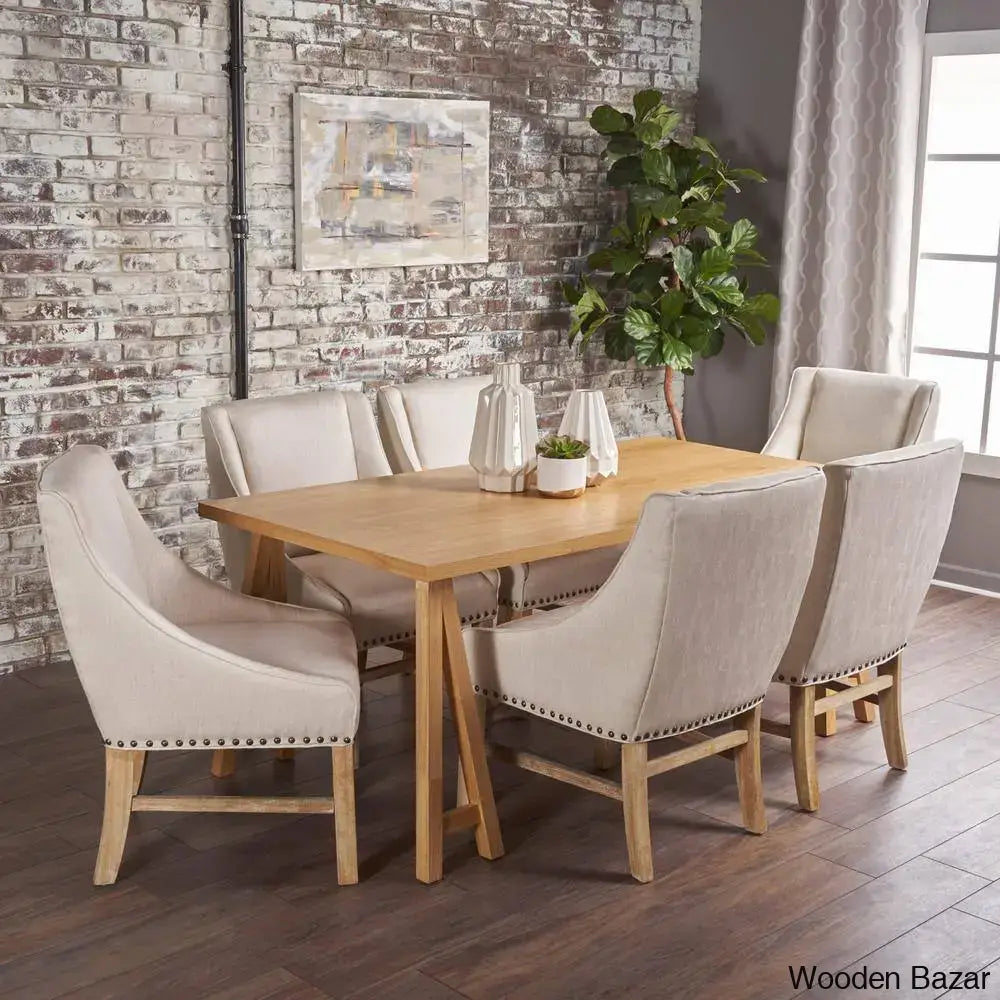 Stylish Linen Upholstered Dining Set With Natural Solid Wood