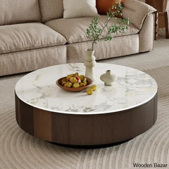 Sumoo 35.5’’ Wood Brown Round Coffee Table Faux Marble Table-Top And Center Table