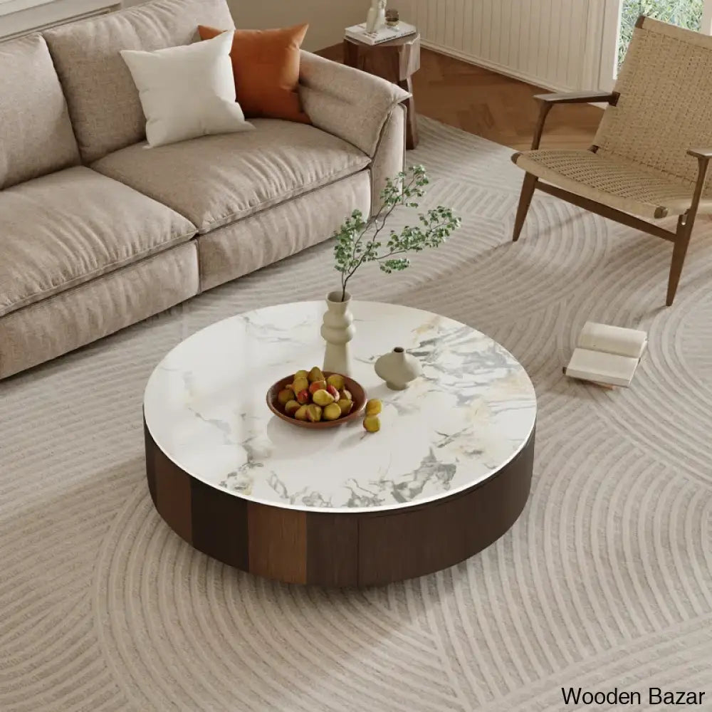 Sumoo 35.5’’ Wood Brown Round Coffee Table Faux Marble Table-Top And Center Table