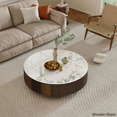 Sumoo 35.5’’ Wood Brown Round Coffee Table Faux Marble Table-Top And Center Table