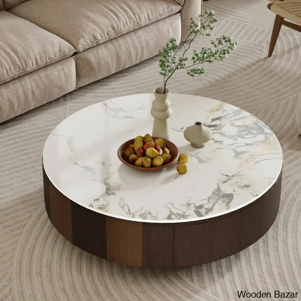 Sumoo 35.5’’ Wood Brown Round Coffee Table Faux Marble Table-Top And Center Table